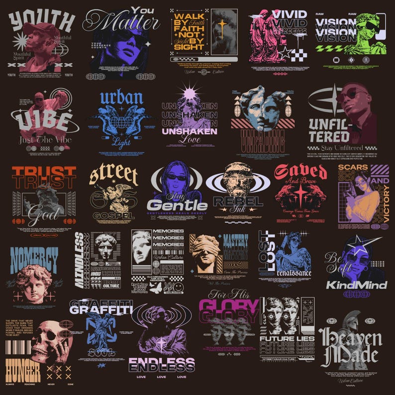 May include: A collection of graphic designs with various themes and text elements. The designs feature portraits, statues, and abstract elements in a dark color palette. Text includes phrases like "Youth," "Urban," "Trust," and "Endless."