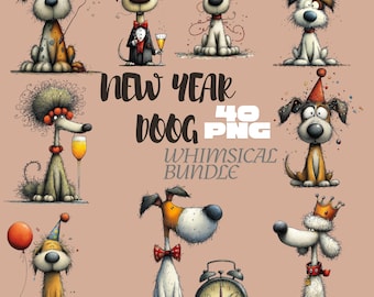 Clipart de perro de Feliz Año Nuevo, 40 PNG, perros cómicos de fiesta con resaca, PNG de Feliz Año Nuevo, manualidades de celebración humorísticas