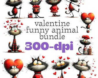 Lindo paquete de imágenes prediseñadas de gatos: divertidos y extravagantes gatos de San Valentín para manualidades y tarjetas