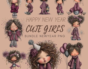 Clipart de Chicas de Año Nuevo con Estilo - Paquete PNG de Moda Festiva (Descarga Digital, Uso Comercial)
