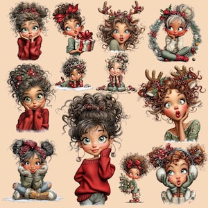 Può includere: Una collezione di illustrazioni natalizie stravaganti con giovani donne con i capelli ricci e accessori festivi. Le immagini mostrano le donne in varie pose, che indossano maglioni rossi, corna di renna e che tengono regali, creando un'atmosfera di festa allegra.