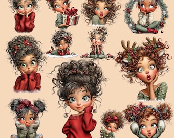 Paquete de imágenes prediseñadas de niñas navideñas divertidas / Gráficos PNG caprichosos (Descarga digital)