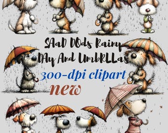 Imágenes prediseñadas de perros tristes en un día lluvioso, cachorros caprichosos PNG (descarga digital)