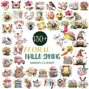 May include: A collection of watercolor clip art elements featuring flowers, butterflies, gnomes, bees, birds, and other spring-themed illustrations. The text "130+ FLORAL HALLO SPRING 300DPI-CLIPART" is included.