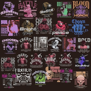 Peut inclure: Une collection de graphismes avec du texte et des images sur fond sombre. Les créations présentent des mots comme « Amour », « Paix » et « Rêveur », ainsi que des illustrations de personnages et de formes abstraites. La palette de couleurs comprend du rose, du violet, du vert et du bleu.