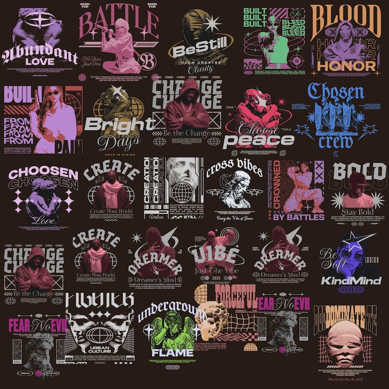 May include: A collection of graphic designs with various text and imagery on a dark background. The designs feature words like "Battle," "Blood," and "Create," along with illustrations of figures and abstract shapes. The color palette includes pink, purple, green, and blue.