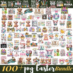 以下が含まれることがあります： ウサギ、ヒヨコ、卵、お祝いのフレーズなど、100以上のPNGイースターをテーマにしたグラフィックのコレクション。デザインには、カラフルなイラストとテキスト要素が含まれており、クラフトやデジタルプロジェクトに最適です。