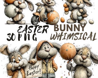 Paquete de 30 imágenes PNG de Pascua, adorable conejito de Pascua, descarga digital de primavera, alta resolución 300 DPI, uso comercial permitido