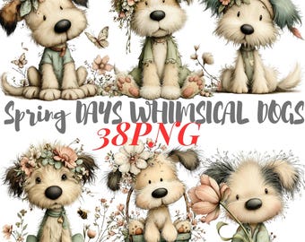 Lindo paquete de imágenes prediseñadas de perros de primavera / 38 PNG / Gráficos florales de perros / 300 DPI / Alta resolución / Uso comercial / Descarga digital