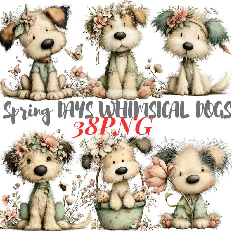 Cute Spring Dog Clipart Bundle | 38 PNG | Floral Dog Graphics | 300 DPI ...