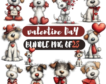 Paquete de imágenes prediseñadas de perros tiernos y divertidos (28 PNG): perros con corazones adorables, alta resolución, uso comercial