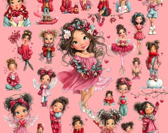 Imágenes prediseñadas de chicas de San Valentín, linda chica enamorada PNG, paquete de imágenes prediseñadas de San Valentín, ilustración romántica, descarga digital