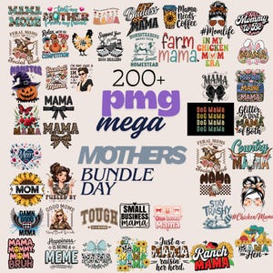 K&ouml;nnte beinhalten: Eine Sammlung von &uuml;ber 200 PNG-Bildern mit verschiedenen Designs, darunter die W&ouml;rter "Mama" und "Mutter". Die Bilder zeigen Grafiken wie Sonnenblumen, Tiere und Text&uuml;berlagerungen, perfekt f&uuml;r den Muttertag.