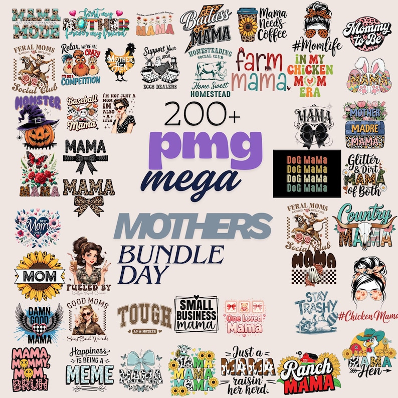 K&ouml;nnte beinhalten: Eine Sammlung von &uuml;ber 200 PNG-Bildern mit verschiedenen Designs, darunter die W&ouml;rter "Mama" und "Mutter". Die Bilder zeigen Grafiken wie Sonnenblumen, Tiere und Text&uuml;berlagerungen, perfekt f&uuml;r den Muttertag.