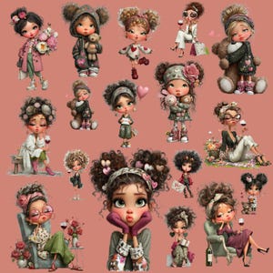 May include: A collection of whimsical digital illustrations of stylish female figures. Each figure is depicted in various poses, holding items like flowers, teddy bears, and wine glasses. The color palette includes pink, brown, and green tones, creating a charming and artistic aesthetic.