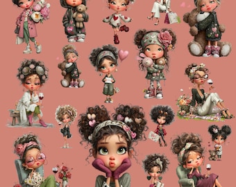 Paquete de 32 imágenes PNG de chicas lindas y caprichosas / Personajes prediseñados / Descarga digital