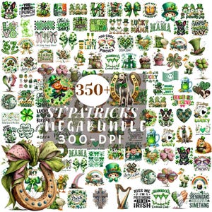 Puede incluir: Una colección de gráficos temáticos del Día de San Patricio, que incluyen tréboles, duendes, herraduras y frases como "Lucky" e "Irish Love". La imagen presenta una variedad de diseños en verde, blanco y dorado, con el texto "350+ ST PATRICK'S MEGA BUNDLE 300-DPI".