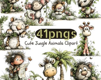 Whimsical Jungle Animals Clipart PNG, Cute Watercolor Safari Bundle (41 files)(Digital Download)
