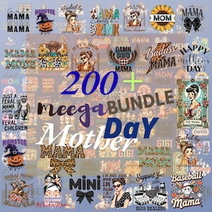 Peut inclure: Une collection de graphismes sur le thème de la fête des mères. Les motifs comprennent des textes tels que "Mama", "Mom" et "Badass Mama", ainsi que des illustrations de tournesols, de citrouilles et autres éléments.