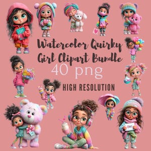 Könnte beinhalten: Ein digitales Kunstpaket mit skurrilen Aquarellillustrationen von Mädchen. Die Bilder zeigen Mädchen mit verschiedenen Accessoires, darunter Teddybären, Blumen und Eis. Der Text lautet "Watercolor Quirky Girl Clipart Bundle 40 png High Resolution."