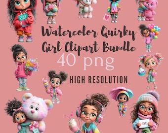 Imágenes prediseñadas de chica de San Valentín peculiar PNG, personajes, corazones de acuarela, descarga digital romántica, conjunto de ilustraciones