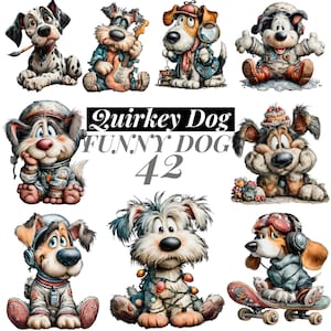 Può includere: Una collezione di illustrazioni di cani dei cartoni animati stravaganti. Ogni cane è stilizzato in modo unico, alcuni tengono oggetti come un pennello, una chitarra o una lente d'ingrandimento. Il testo "Quirkey Dog Funny Dog 42" è visualizzato.
