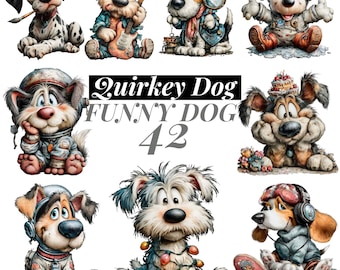Paquete de 42 imágenes PNG de perros adorables / Paquete de imágenes prediseñadas de cachorros caprichosos / Gráfico de descarga digital para pegatinas, manualidades y álbumes de recortes