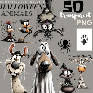 Könnte beinhalten: Eine digitale Sammlung von 50 transparenten PNG-Dateien mit Halloween-Tieren im Cartoon-Stil, darunter ein Huhn, ein Fuchs auf einem Besen, ein kopfüber hängender Hund, eine Spinne, ein Geist, ein Lama, ein Hund im Laken und eine Mumien-Giraffe.
