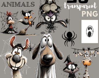 50 Horror Funny Animal Halloween PNG Bundle, Spooky Pumpkin Monster Clipart, Cute Witch Ghost Characters, Commercial Use, Digital Download