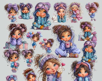 Imágenes prediseñadas de niña de San Valentín en acuarela / Paquete de PNG originales (descarga digital)