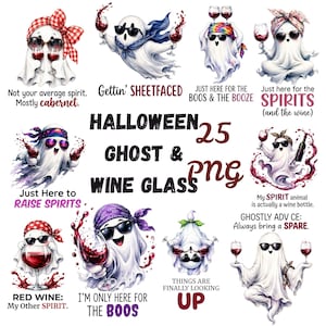 Könnte beinhalten: Eine digitale Sammlung von 25 Halloween-Geister- und Weinglas-Illustrationen, die Geister mit Sonnenbrillen und Kopfbedeckungen zeigen, die Weingläser halten, mit Texten wie Gettin' SHEETFACED, Just Here to RAISE SPIRITS und RED WINE: My Other SPIRIT.