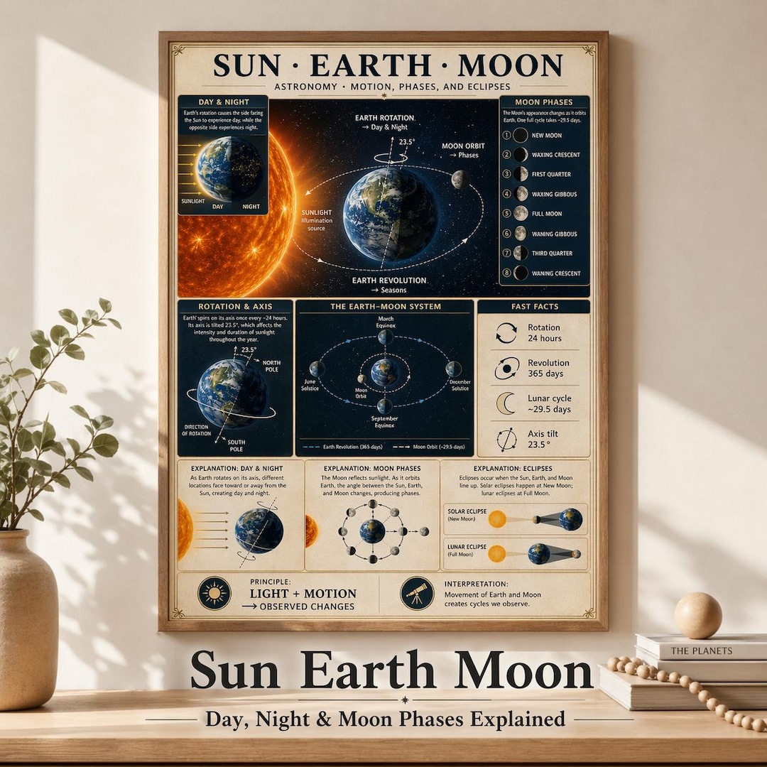 Sun Earth Moon Infographic Poster | Astronomy Chart, Day Night Phases ...