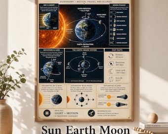 Poster Sole Terra Luna / Tabella Giorno Notte e Fasi Lunari / Poster di Astronomia per la Classe / Risorsa per Insegnanti / Download Immediato