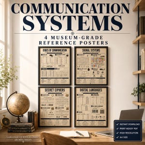 May include: A set of four framed reference posters titled Communication Systems, featuring detailed charts on Codes of Communication, Signal Systems, Secret Ciphers, and Digital Languages. The posters have a vintage beige background with black text.