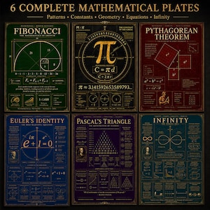 May include: A set of six rectangular mathematical posters featuring gold text and diagrams on dark backgrounds. The prints display the Fibonacci sequence, Pi, Pythagorean Theorem, Euler's Identity, Pascal's Triangle, and the concept of Infinity.