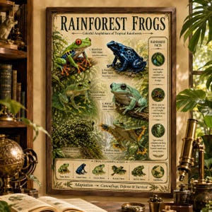 May include: A framed poster titled "Rainforest Frogs" features colorful illustrations of various frog species. The poster includes text detailing frog facts and classifications, with a focus on camouflage and survival in tropical rainforests.