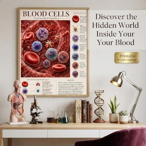 Op de afbeelding: Een ingelijste educatieve poster getiteld BLOOD CELLS The Living Cells of Human Blood, met gedetailleerde illustraties van rode en witte bloedcellen, een legenda van celtypen en tekst die hun functies uitlegt, weergegeven op een bureau.