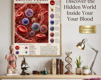Blood Cells Educational Poster | Human Blood Cell Types Chart | Hematology Anatomy Wall Art | Printable Biology Poster | A4 PDF