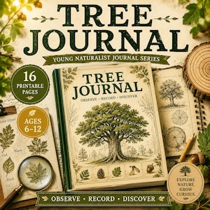 以下が含まれることがあります： 緑色の背表紙を持つTree Journalという本で、表紙には大きなオークの木、松ぼっくり、どんぐりが描かれています。テキストにはTree Journal, Observe, Record, Discover, Young Naturalist Journal Series, 16 Printable Pages, Ages 6-12と書かれています。