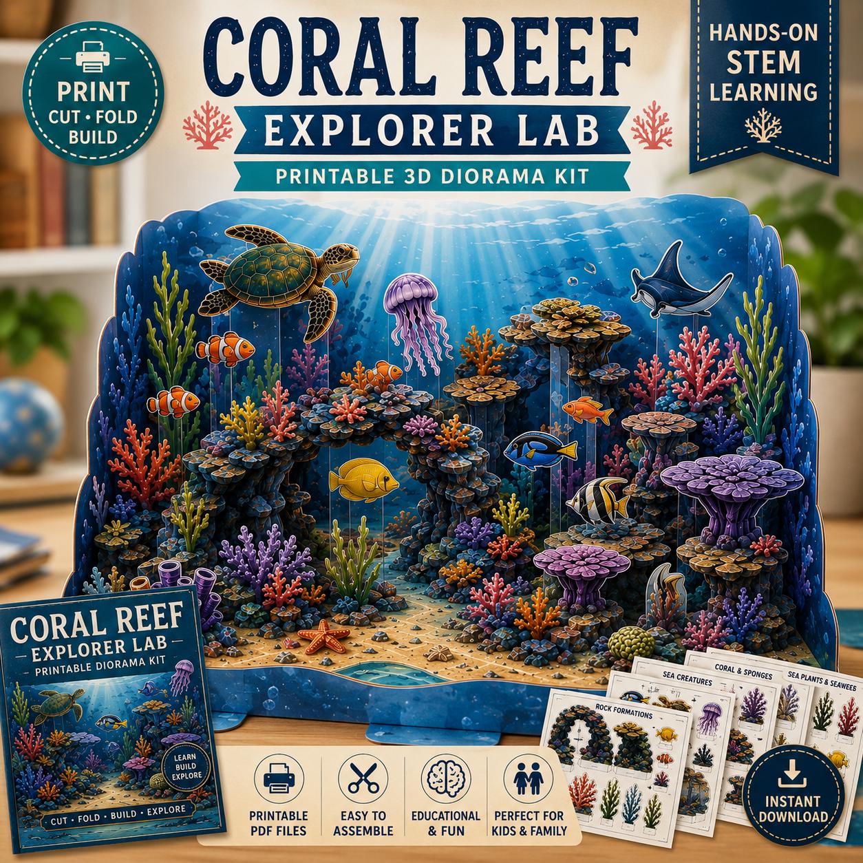 Coral Reef Diorama Printable Kit, Ocean STEM Activity for Kids, 3D ...
