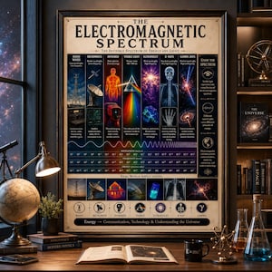 Könnte beinhalten: Ein gerahmtes Lehrplakat mit dem Titel The Electromagnetic Spectrum, das Radiowellen, Mikrowellen, Infrarot, sichtbares Licht, Ultraviolett, Röntgenstrahlen und Gammastrahlen mit wissenschaftlichen Illustrationen und Anwendungen zeigt.