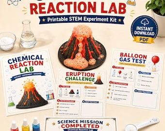 Scheda di lavoro per il laboratorio sulle reazioni chimiche / Esperimenti scientifici STEM stampabili sulle reazioni chimiche per bambini / Kit di attività sul vulcano / Download immediato