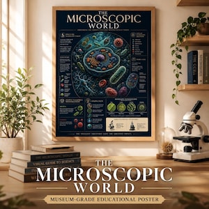 Educatieve poster over de microscopische wereld | Wetenschappelijke muurdecoratie, celbiologie (digitale download op A4-formaat)