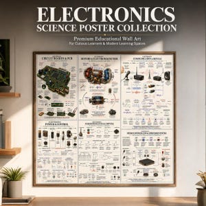 May include: An educational wall art poster titled ELECTRONICS SCIENCE POSTER COLLECTION featuring six distinct sections detailing circuit boards, motors, electromagnetism, communication, signals, power, control, logic, and microcontrollers with diagrams.
