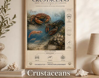 Poster stampabile sui crostacei / Tabella di granchi, aragoste e gamberi / Decorazione murale di biologia per bambini / Scienze per l'homeschooling / Download immediato