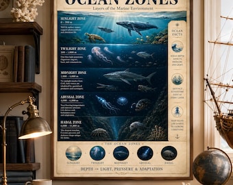 Poster sulle zone oceaniche / Tabella di riferimento sugli animali marini / Poster didattico sull'oceano / Risorsa per gli insegnanti / Download immediato