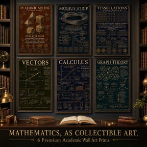 May include: A set of six rectangular wall art prints featuring mathematical concepts including Platonic Solids, Möbius Strip, Tessellations, Vectors, Calculus, and Graph Theory, displayed in a grid with gold text and diagrams on dark backgrounds.