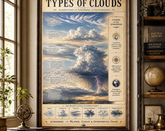 Poster sui tipi di nuvole / Decorazione a tema meteorologico / Tabella murale di meteorologia per l'homeschooling / Download immediato