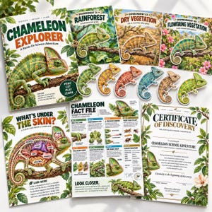 May include: A Chameleon Explorer science adventure kit featuring educational activity sheets, including a Chameleon Fact File, a Certificate of Discovery, and various illustrated chameleon cutouts in green, yellow, red, and blue colors.