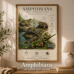 Pode incluir: Um poster emoldurado intitulado "Anfíbios" com ilustrações detalhadas de rãs, sapos, salamandras e girinos em seus habitats naturais. O poster inclui informações científicas sobre anfíbios e seu ciclo de vida.
